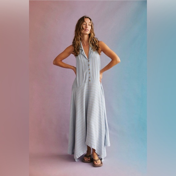 Free People Dresses & Skirts - Free People No Rush Midi Asymmetrical Halter Dress in Blue Combo Size Medium